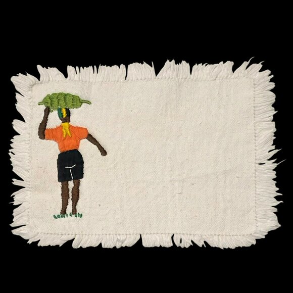 6 Vintage Caribbean Jamaican Napkins Embroidered Woman Man Basket Bananas Fringe - Picture 10 of 15